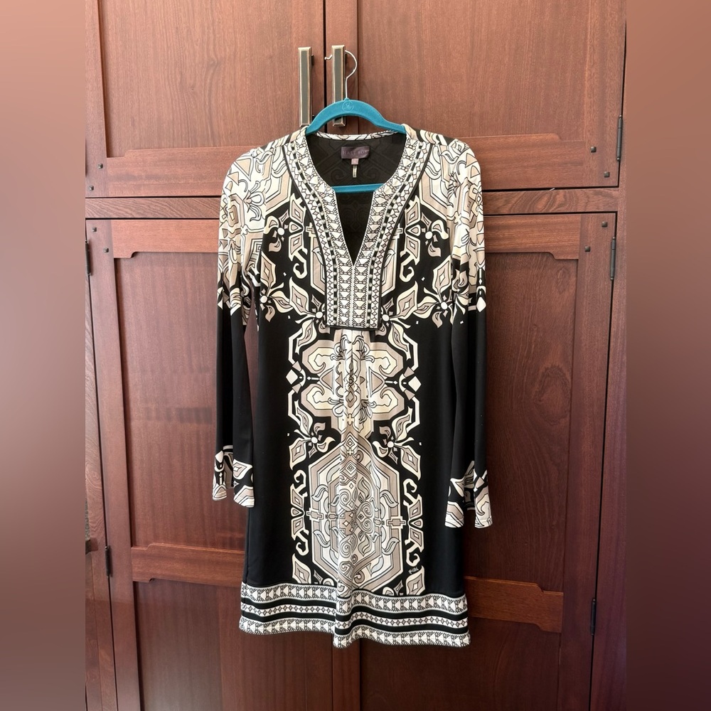 Hale Bob EUC Sz S Black & Cream Long-Sleeve Patterned V-Neck Tunic Dress (0746)